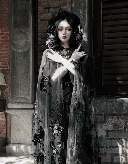 Áo choàng lưới Gothic có mũ đính hạt