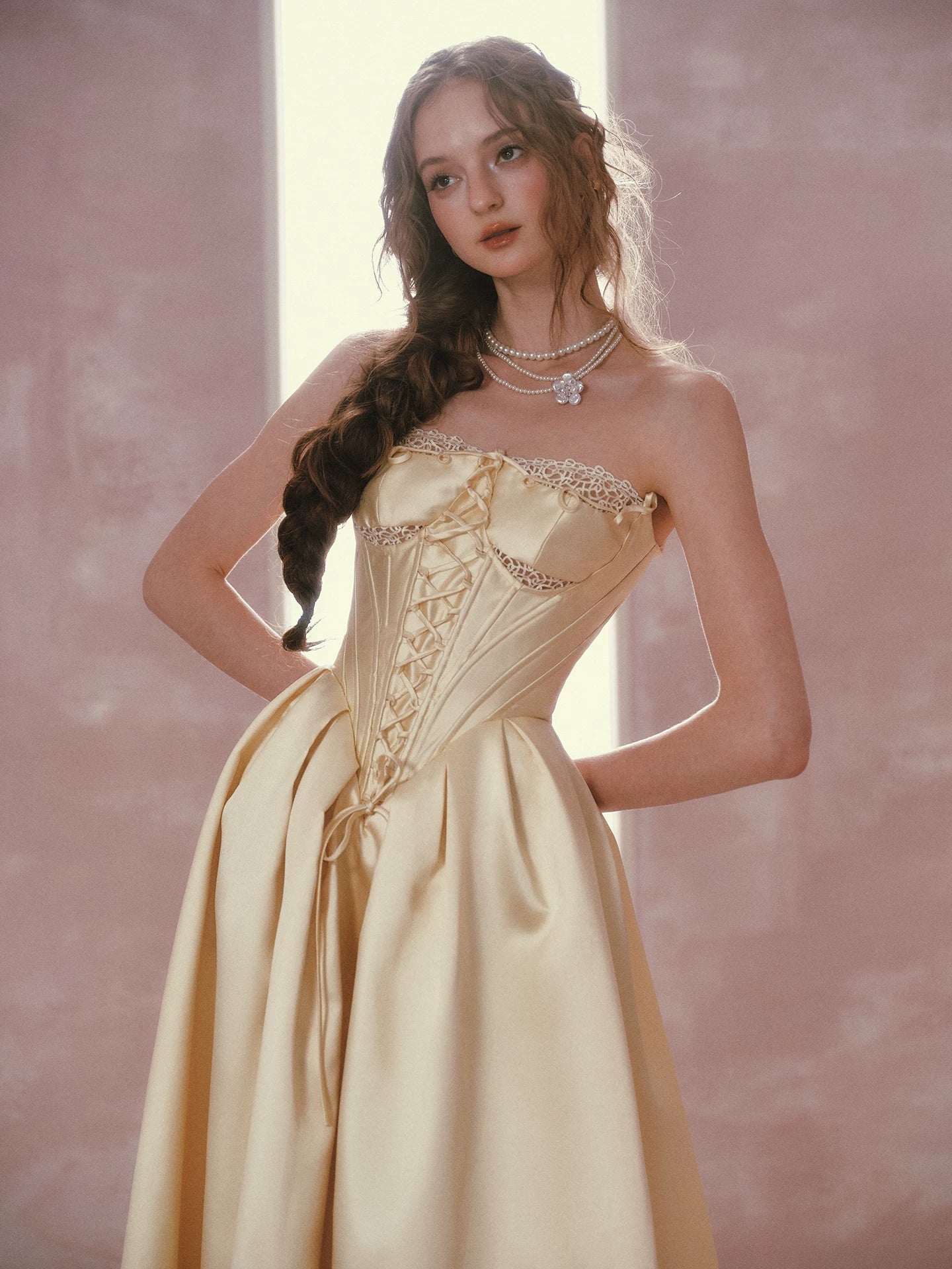 Belle Gold French Satin Lace Corset Dress