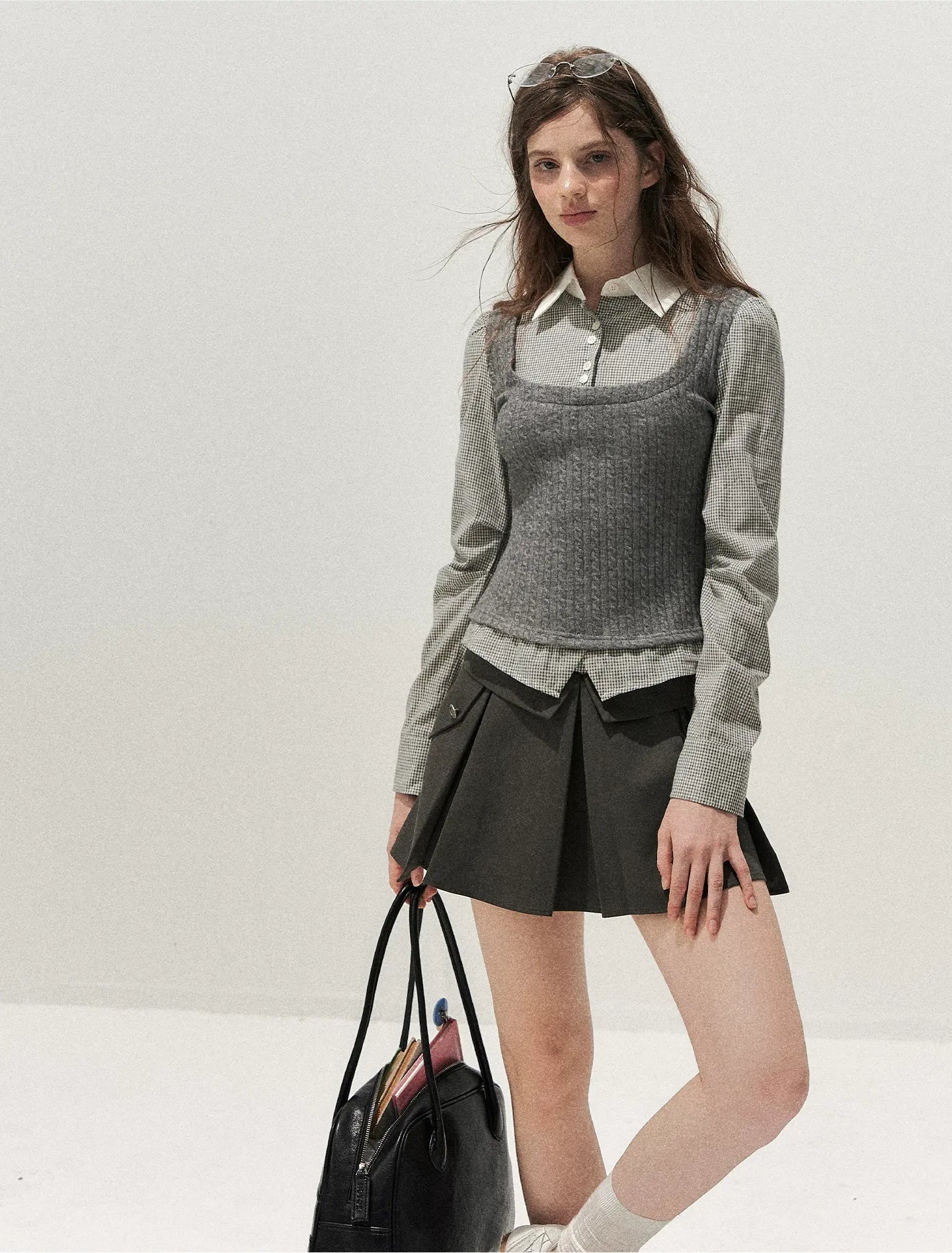 Cable-Knit Layered Shirt Vest