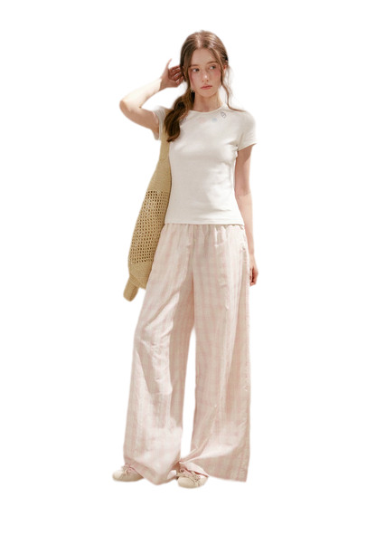 Linen Checkered High-Waist Wide-Leg Pants