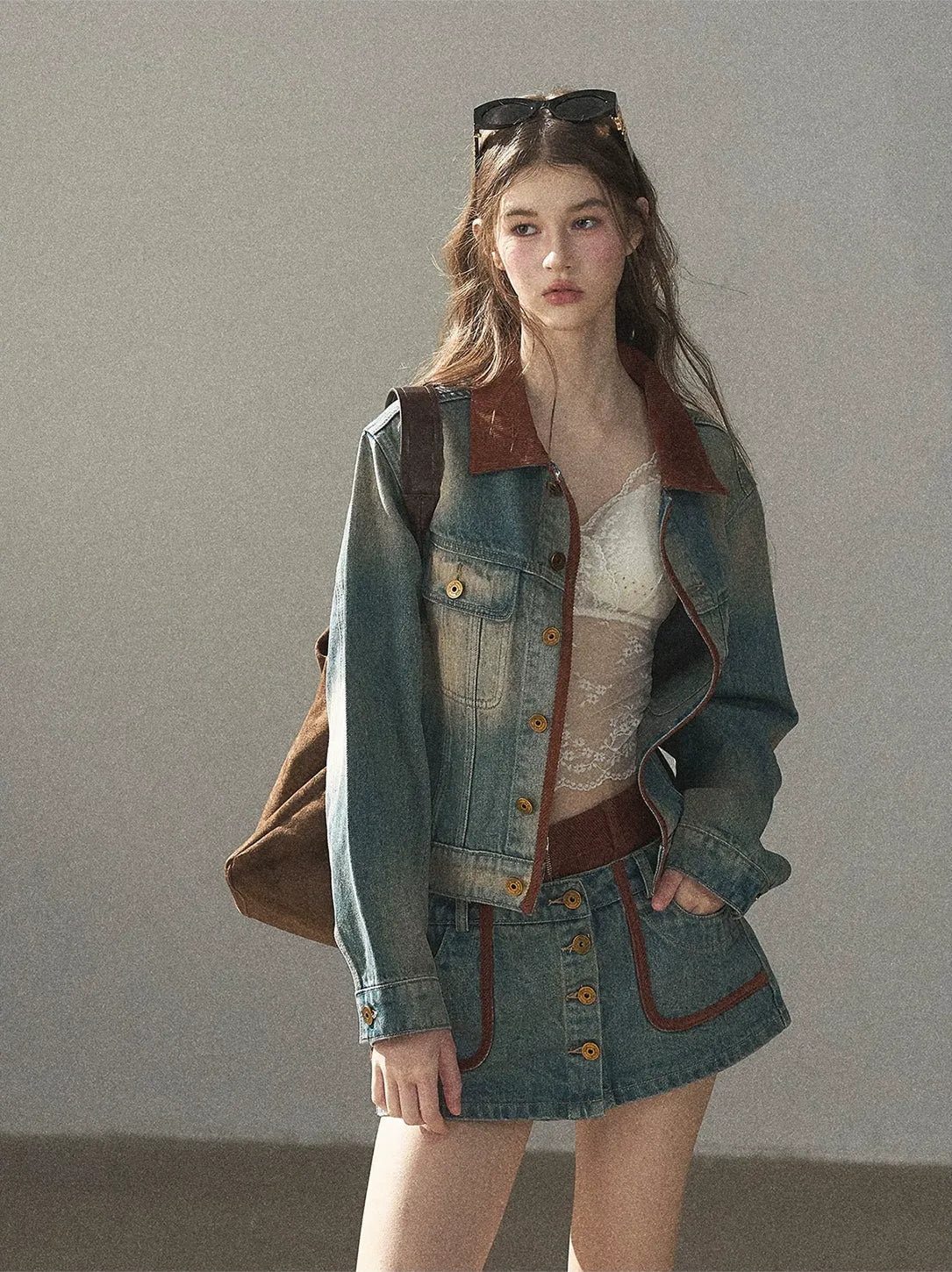 Washed Denim Jacket Skirt Set