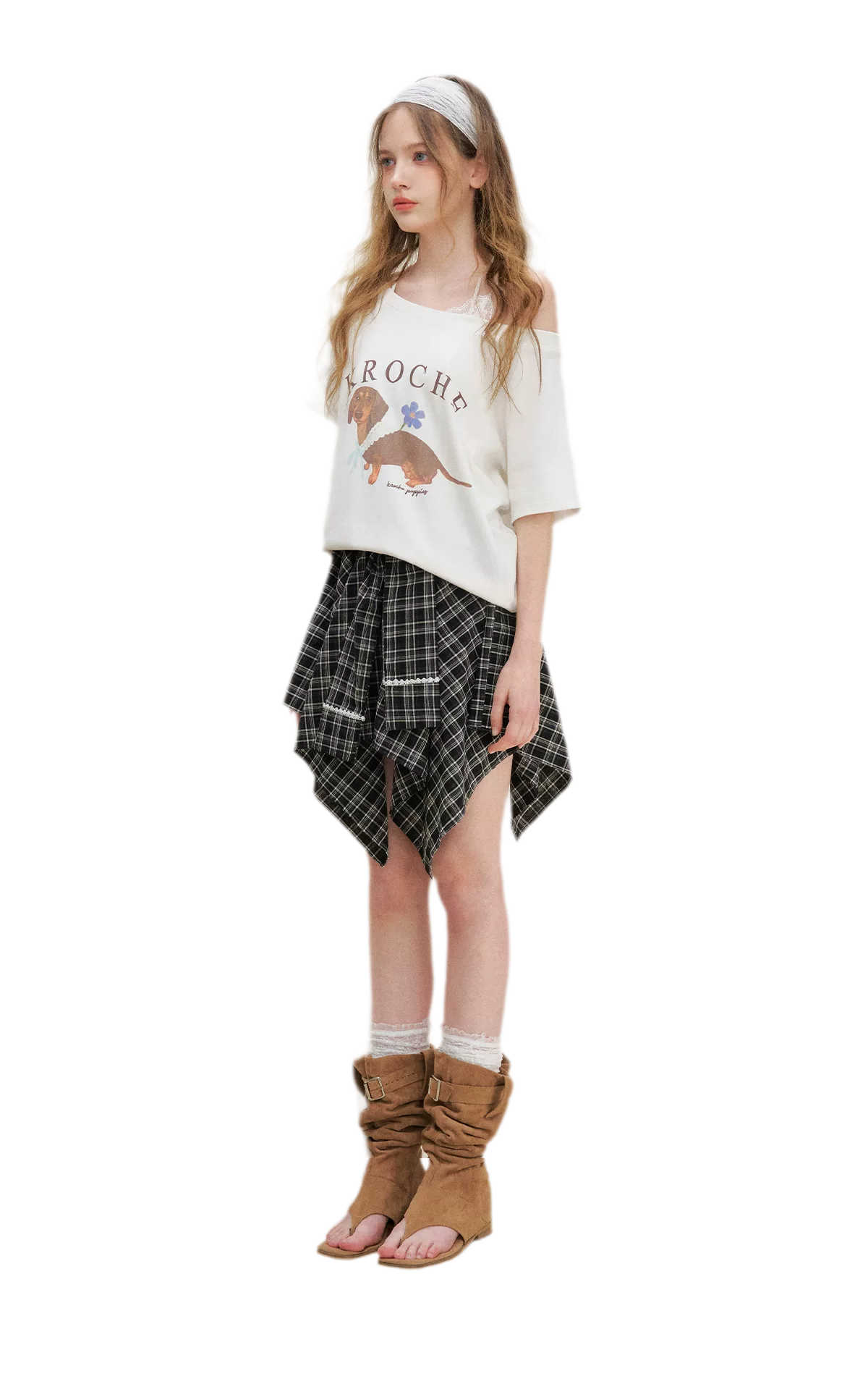 Asymmetric Lace Patchwork Plaid Skirt/Top