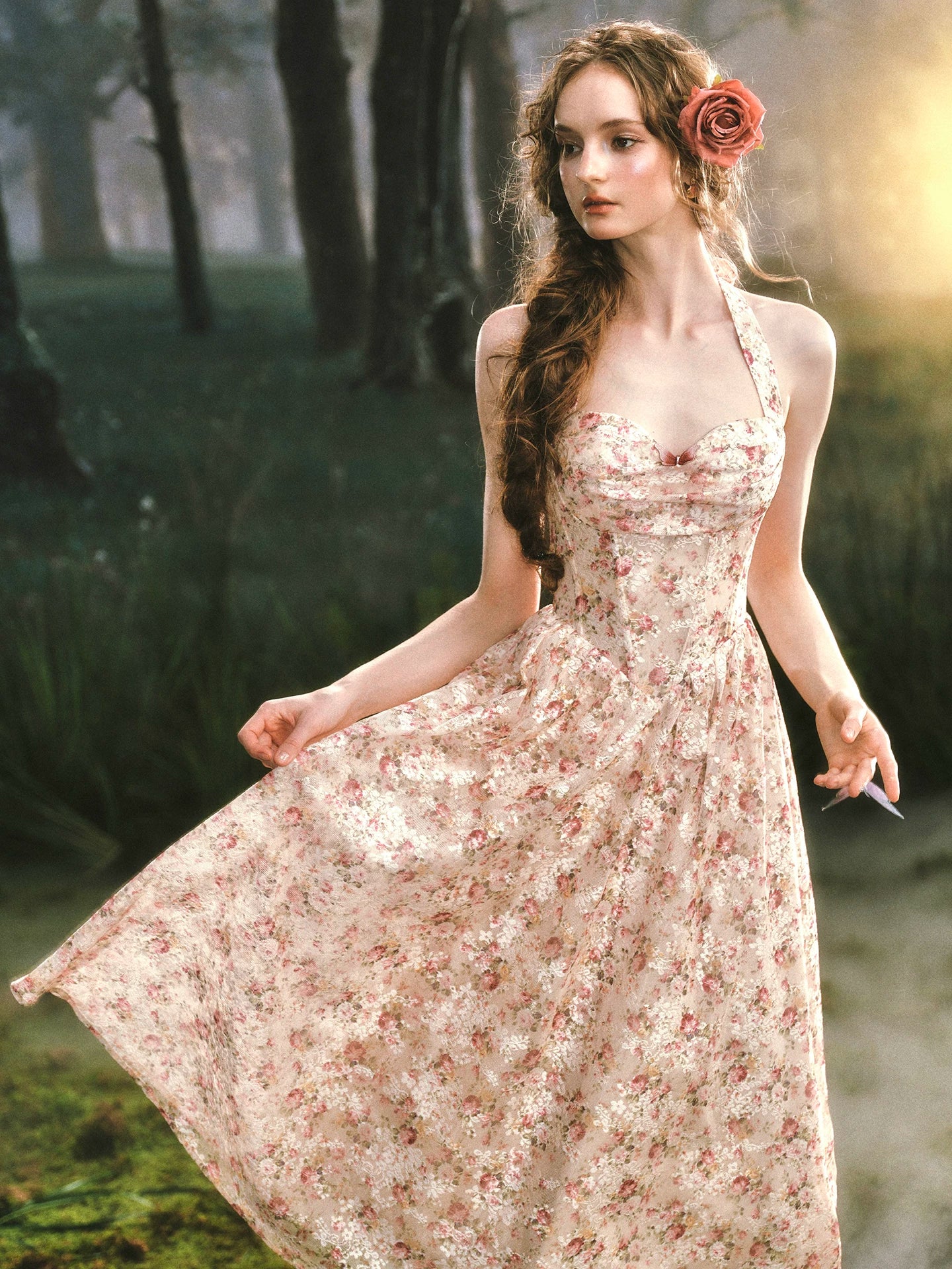 Forest Rose French Retro Floral Halter Long Dress