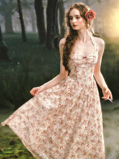 Forest Rose French Retro Floral Halter Long Dress