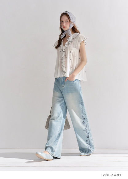 Cotton-Feel Embroidered Ruffle Sleeve Blouse
