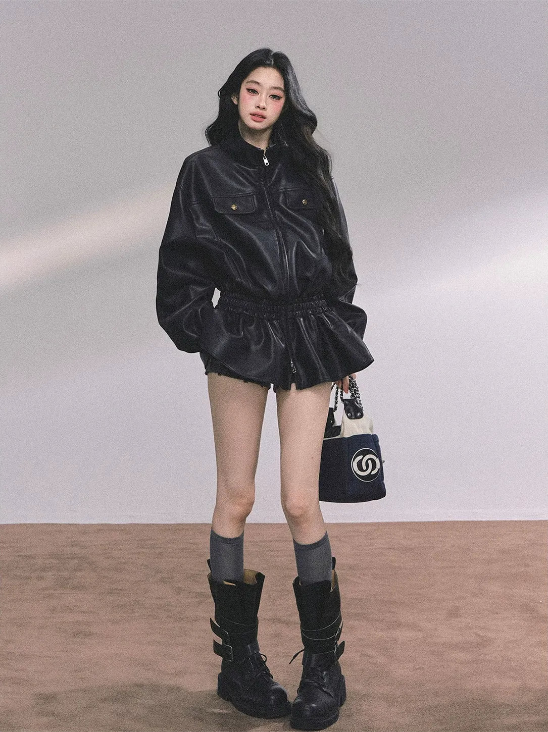 Faux Leather Stand Collar Jacket