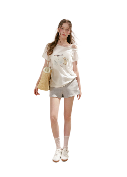 Tencel Cotton French Lace Puppy Print Asymmetric T-Shirt