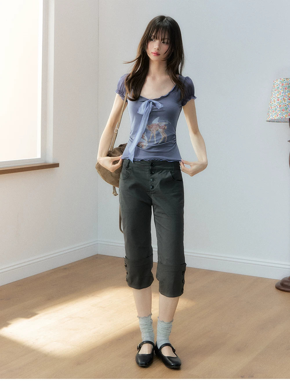 Korean Lyocell Deer Print Ribbon T-Shirt