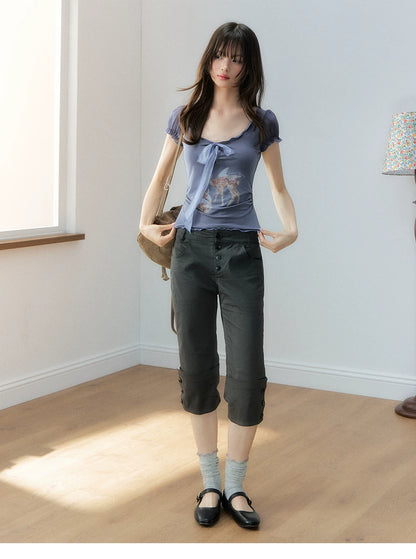 Korean Lyocell Deer Print Ribbon T-Shirt