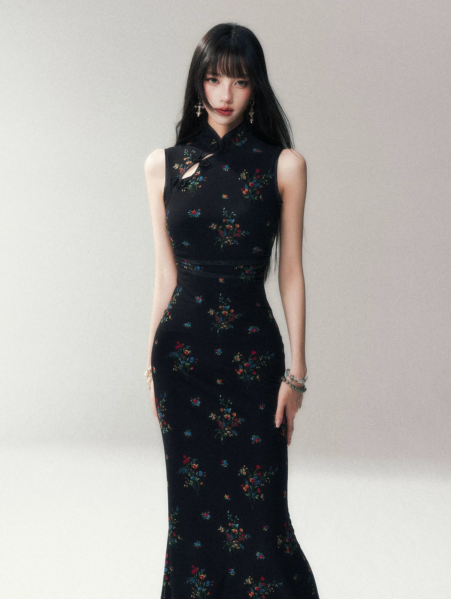 Dark Floral Mesh Qipao Dress