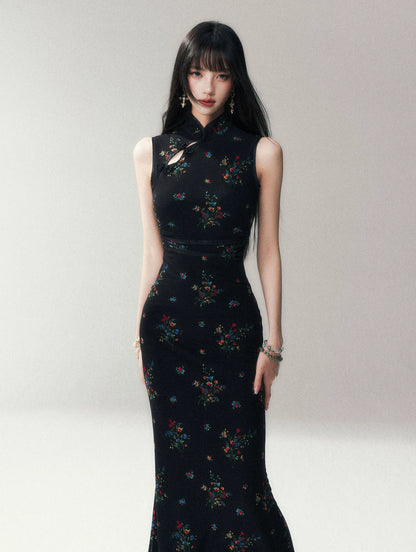 Dark Floral Mesh Qipao Dress