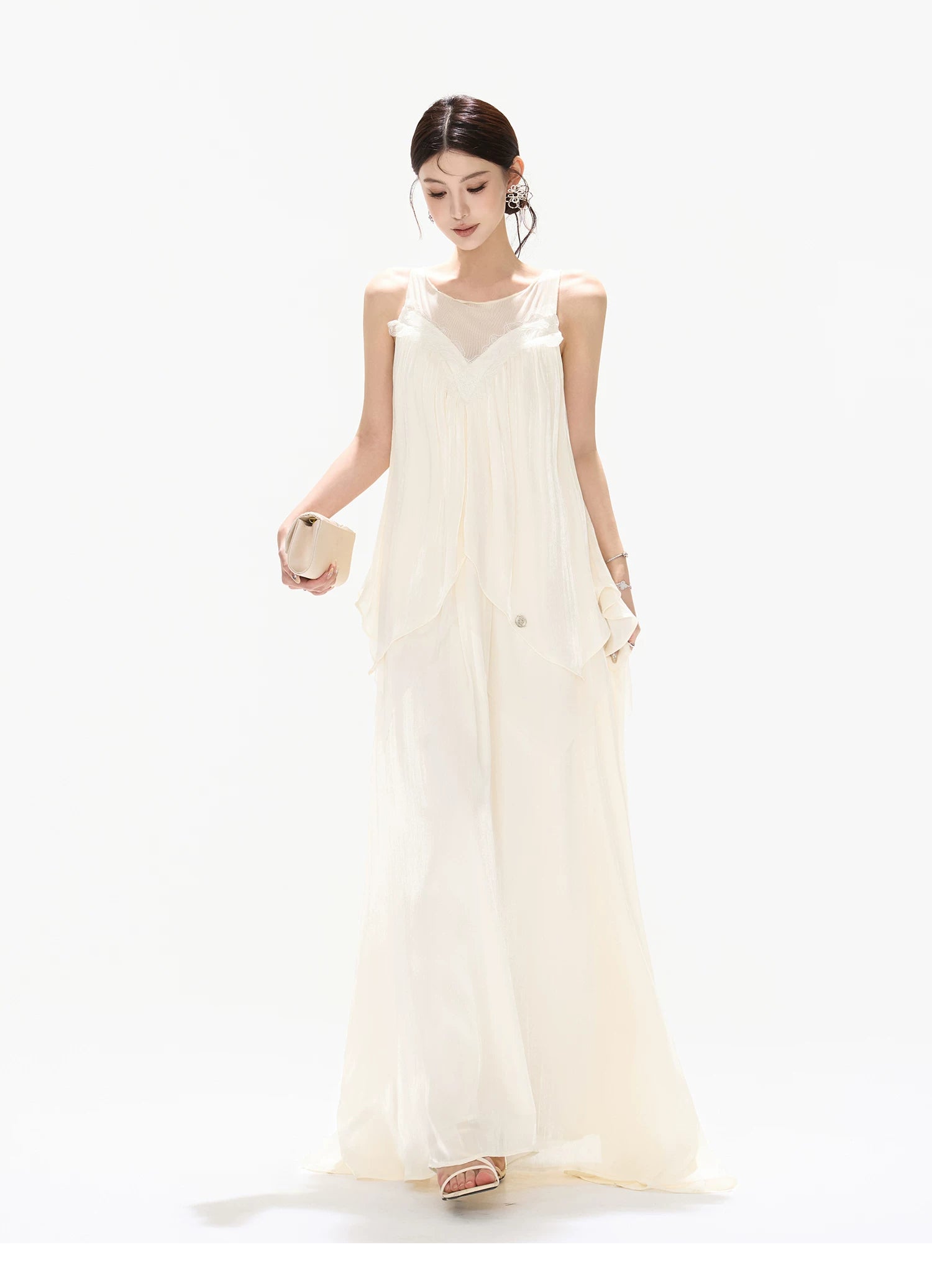 Sleeveless Mesh Ruffle Long Dress