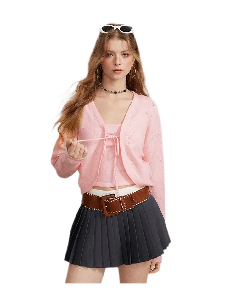 Diamond Knit Tie Cardigan Set