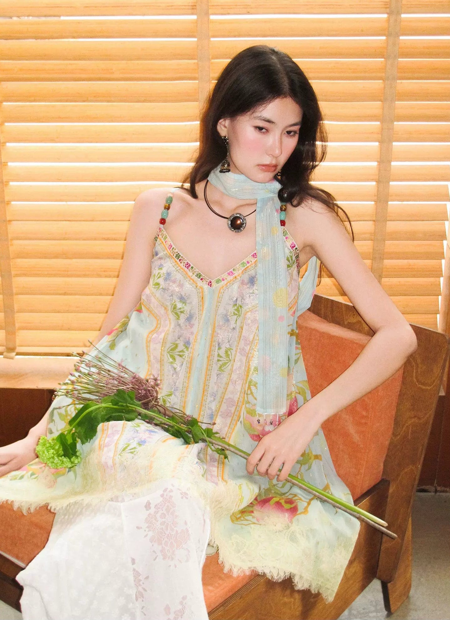 Peach Branch Print Metallic Chiffon Dress