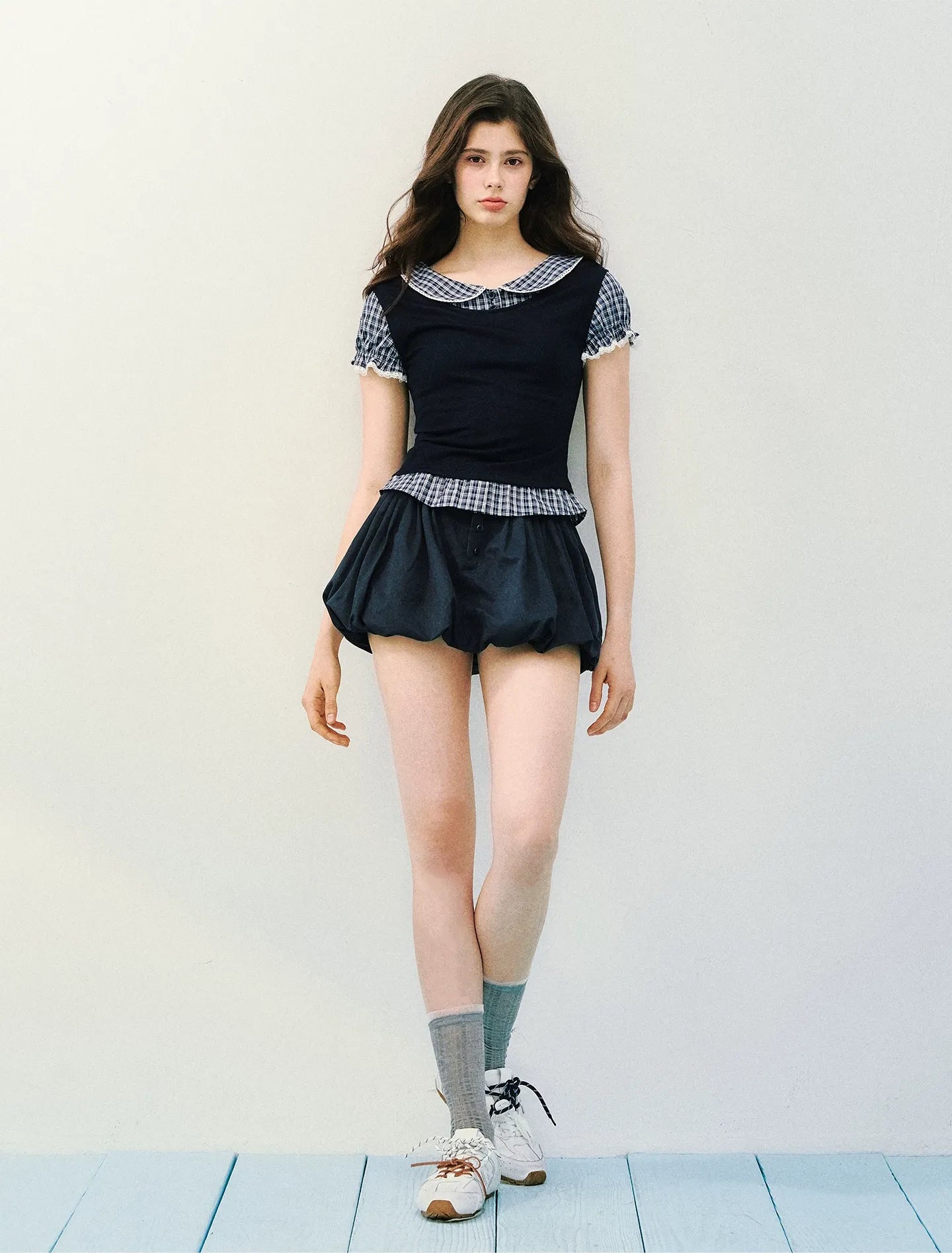 Navy Petal Pleated Skirt