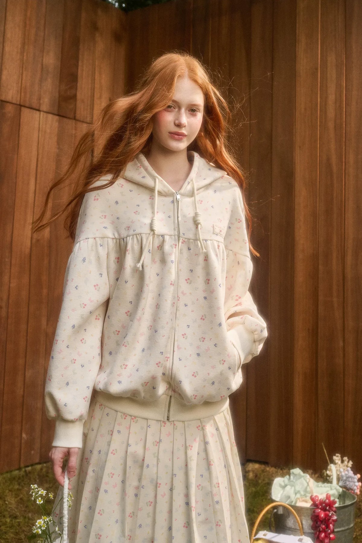 Printed Hooded Sweatshirt Pleated Skirt