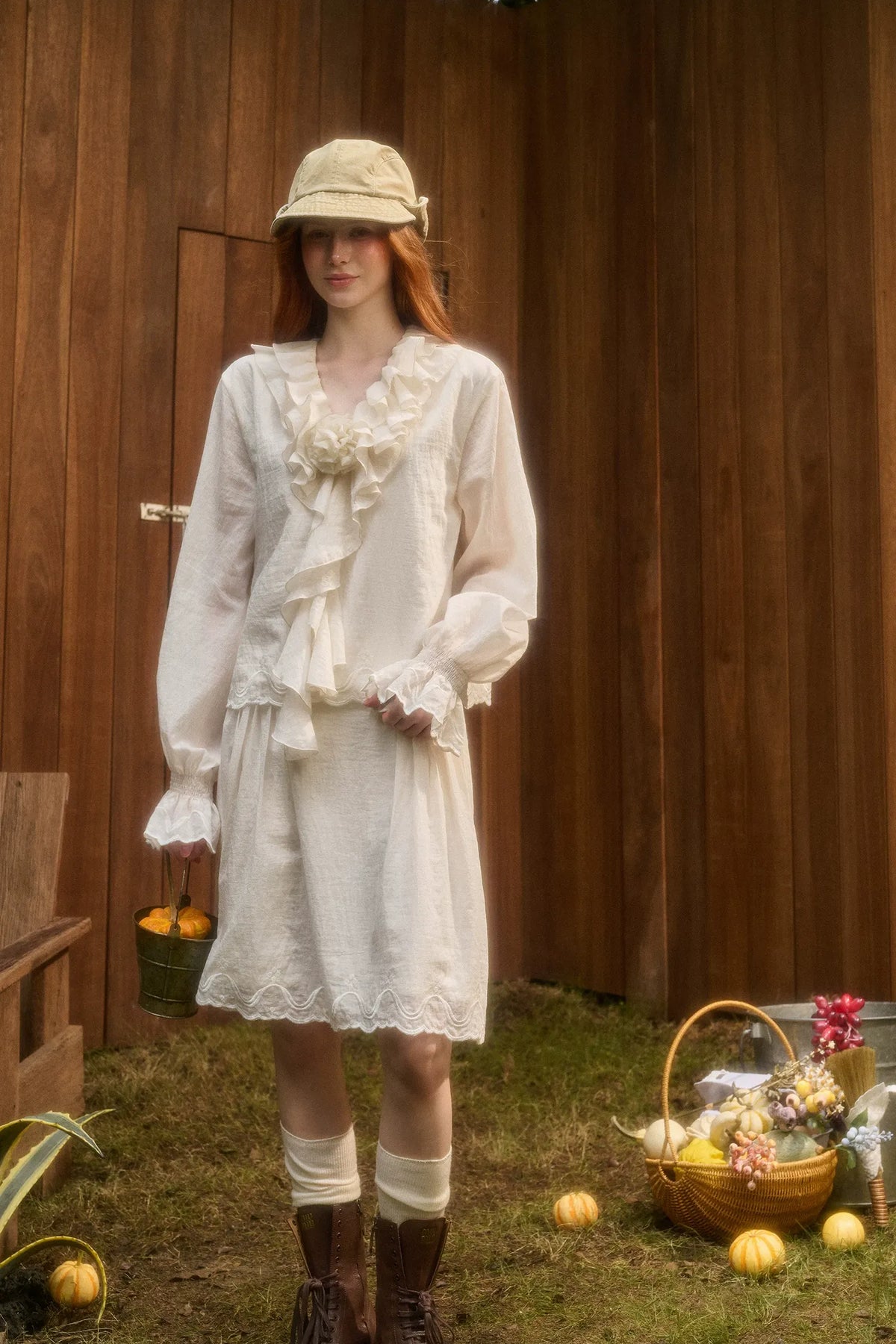 Embroidered Ruffle Blouse Skirt Set