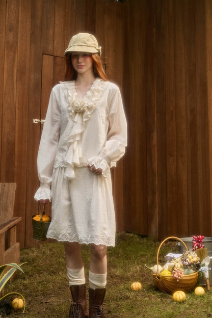 Embroidered Ruffle Blouse Skirt Set