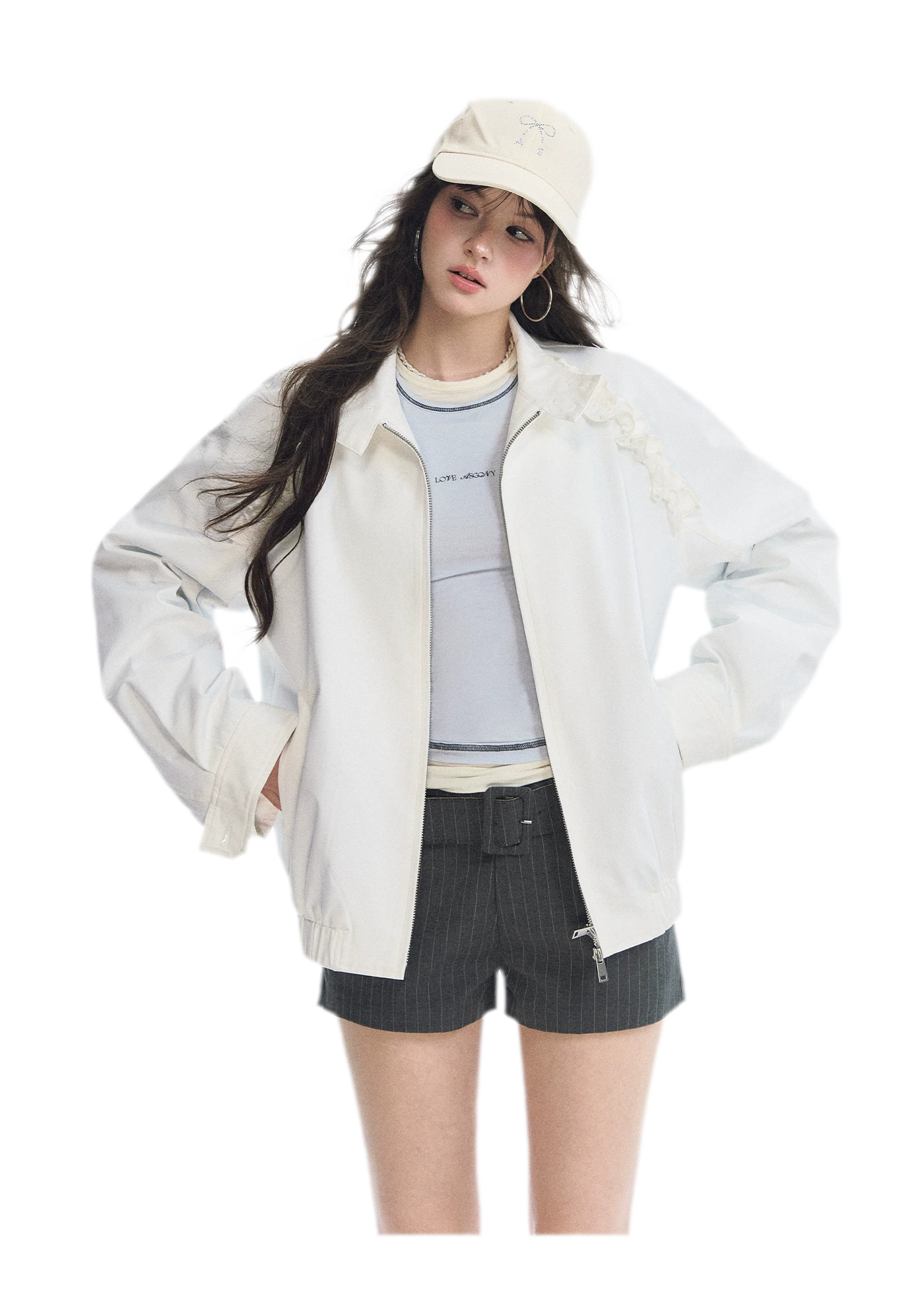 Ruffled Stand Collar Harrington Jacket