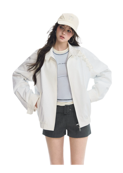 Ruffled Stand Collar Harrington Jacket