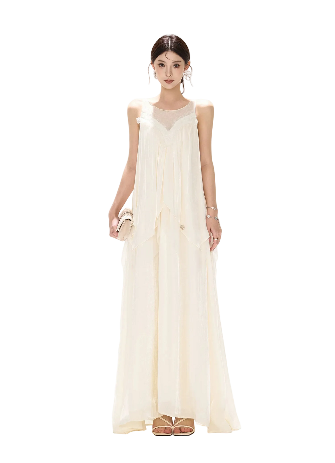 Sleeveless Mesh Spliced Ruffle Long Dress