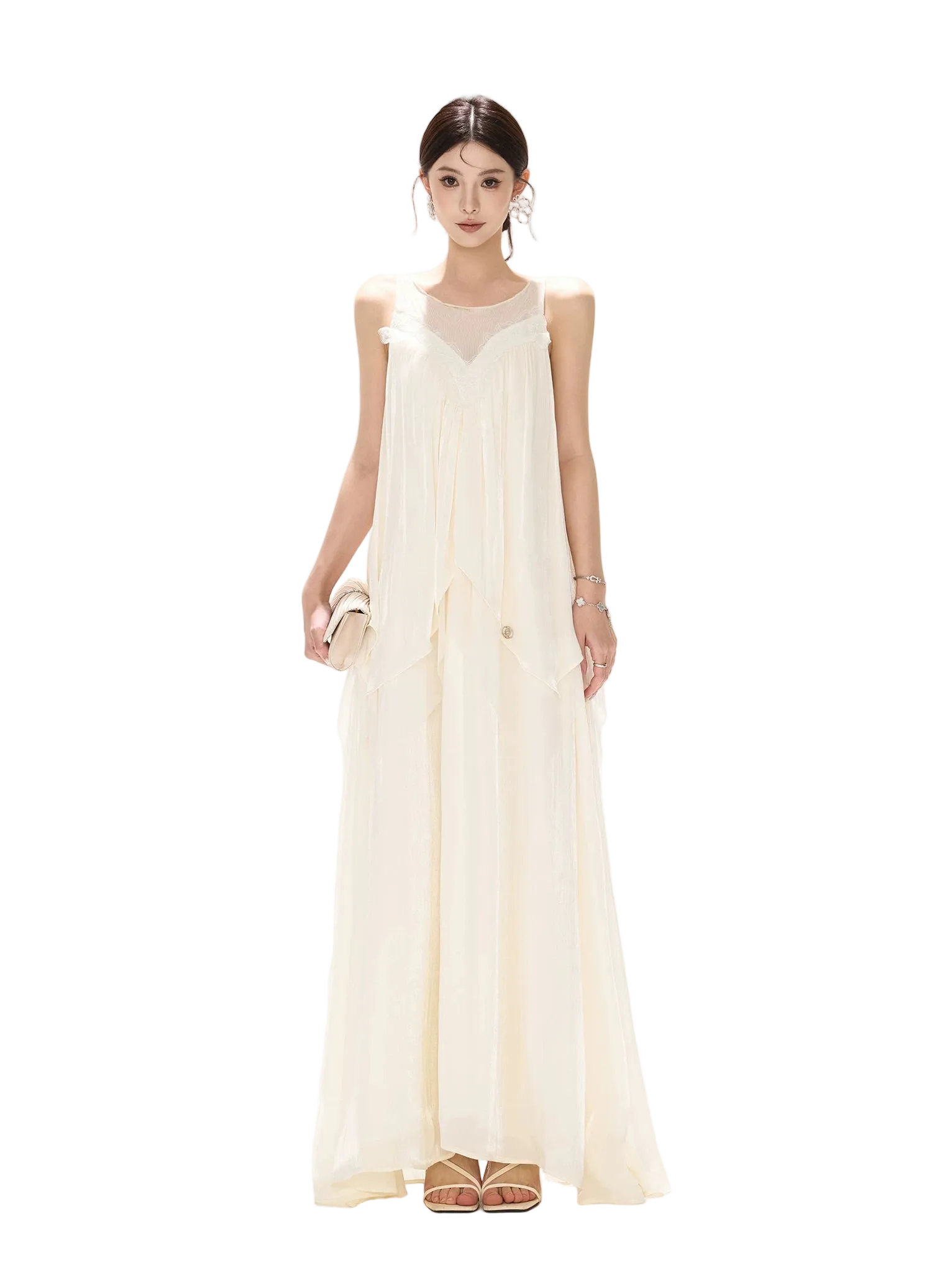 Sleeveless Mesh Spliced Ruffle Long Dress