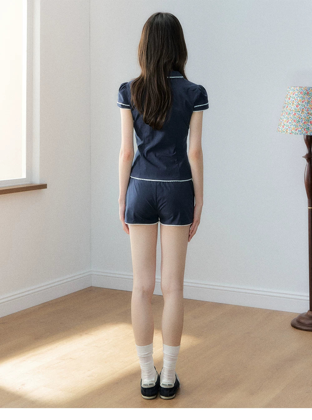 Korean Sporty Print Puff Sleeve Shirt &amp; Shorts