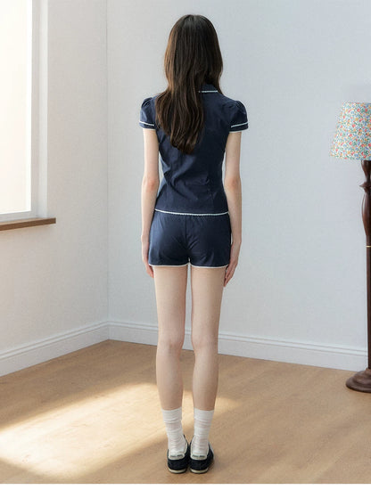 Korean Sporty Print Puff Sleeve Shirt &amp; Shorts