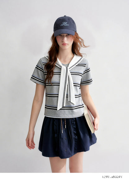 Navy Sailor Collar Tie-Striped Short T-shirt