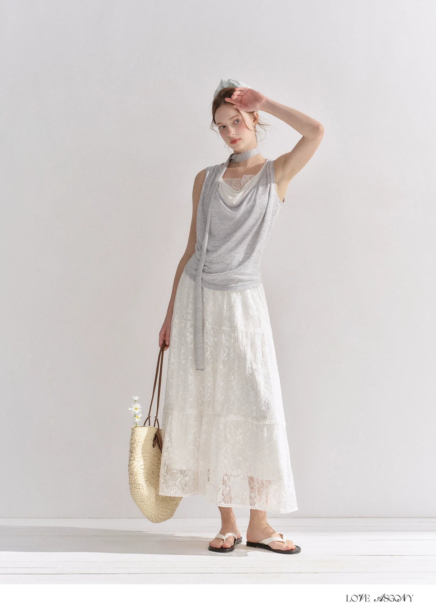 Lace Trim Elastic Waist A-line Long Skirt