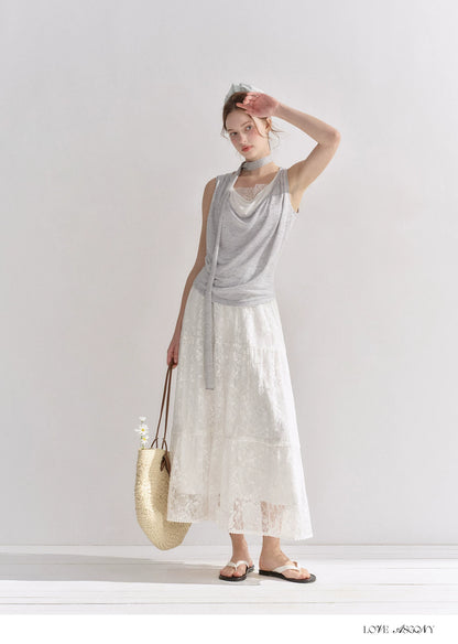 Lace Trim Elastic Waist A-line Long Skirt