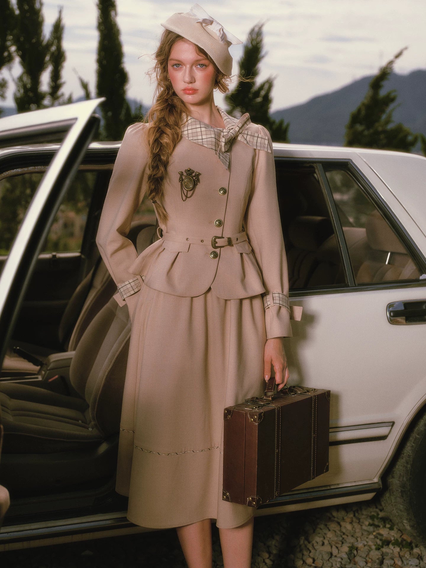 Vintage Belted Trench Skirt Set