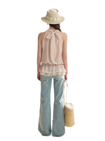 Chiffon Lace Halter V-Neck Blouse