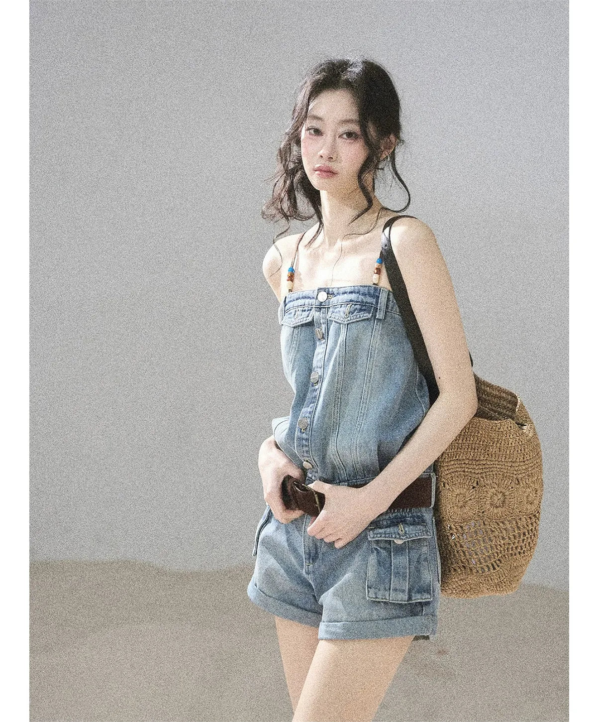 Washed Denim Jumpsuit Shorts