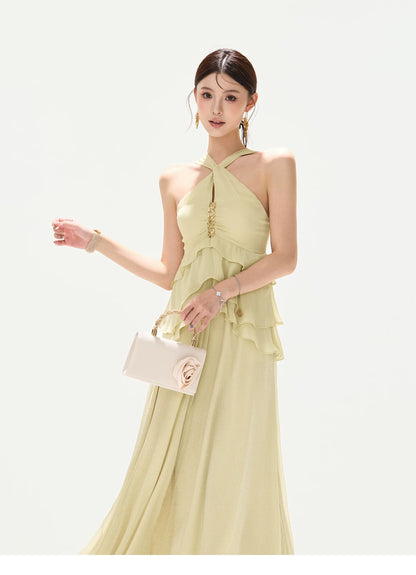 Flowing Sheer Halter Rhinestone Chiffon Long Dress