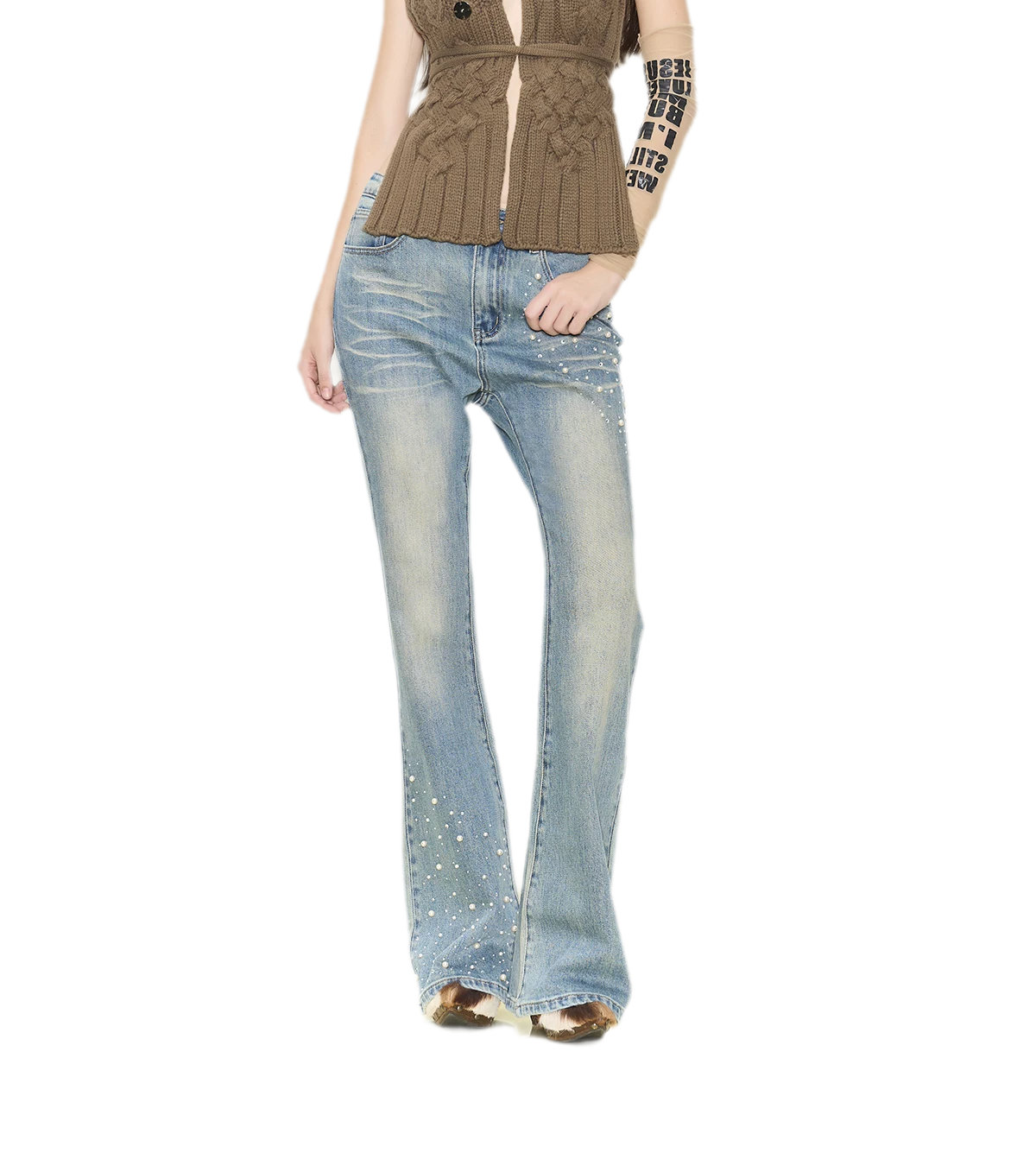 Pearl Embellished Straight Jeans