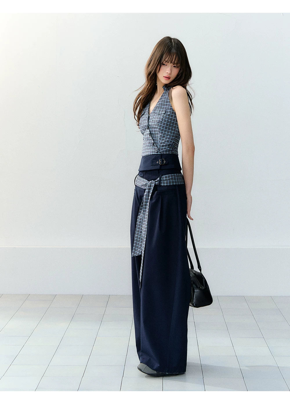 Navy Blue Plaid Two-Piece Set