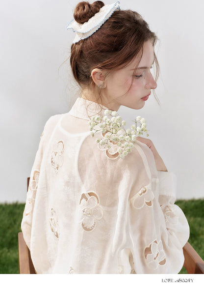 Hollow Floral Embroidered Polo Collar Two-Piece Set