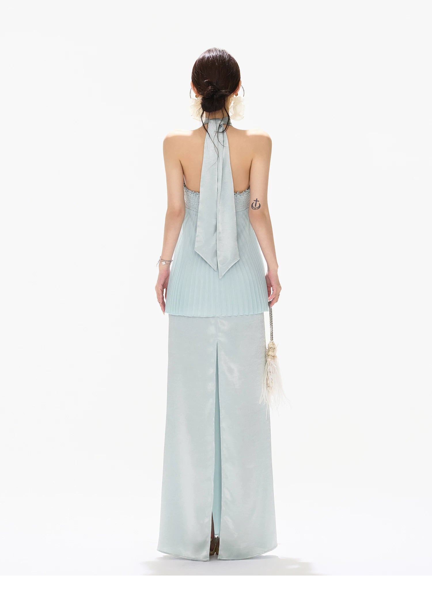 Misty Blue Pleated Halter Satin Long Dress