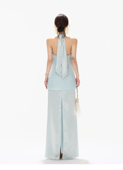 Misty Blue Pleated Halter Satin Long Dress