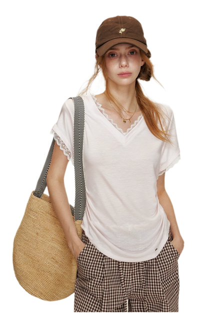 Tencel Lace Trim Loose Short Sleeve T-Shirt
