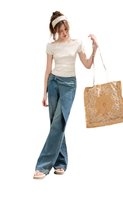 Lace Trim Off-Shoulder Knit Top &amp; Denim Pants
