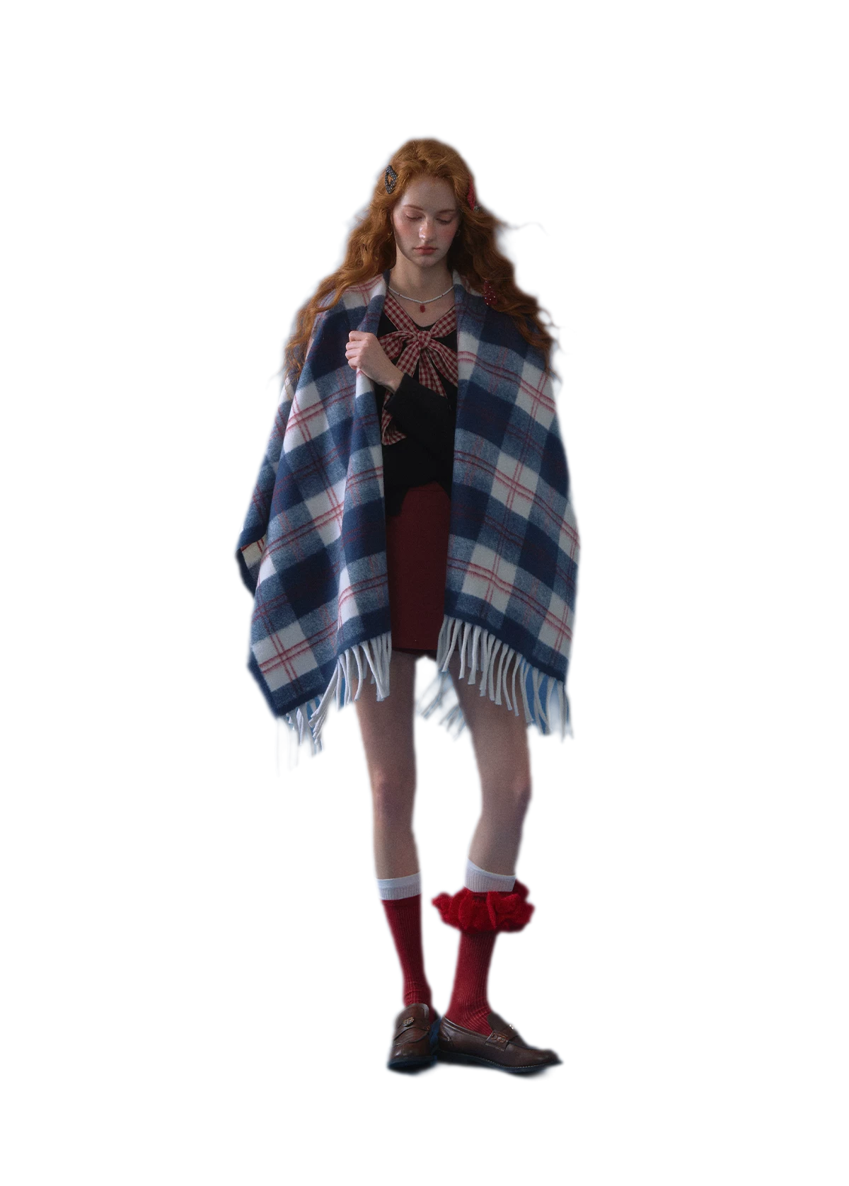 Vintage Plaid Fringed Shawl