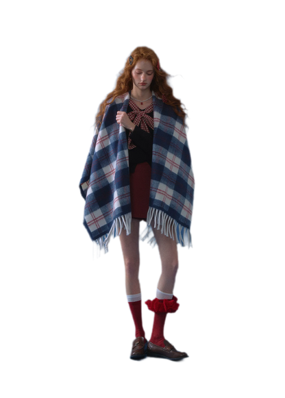 Vintage Plaid Fringed Shawl