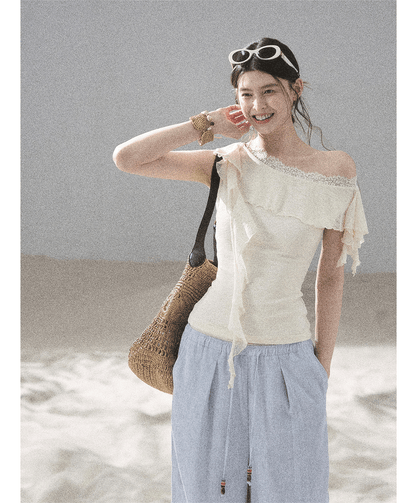 Lace One-Shoulder Crop Tee