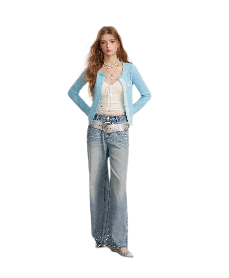 Rhinestone Pearl Wide-Leg Jeans