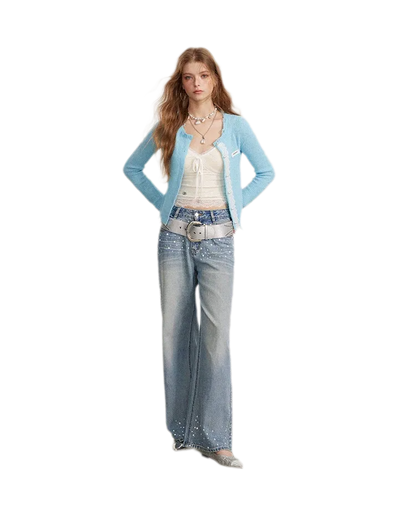 Rhinestone Pearl Wide-Leg Jeans