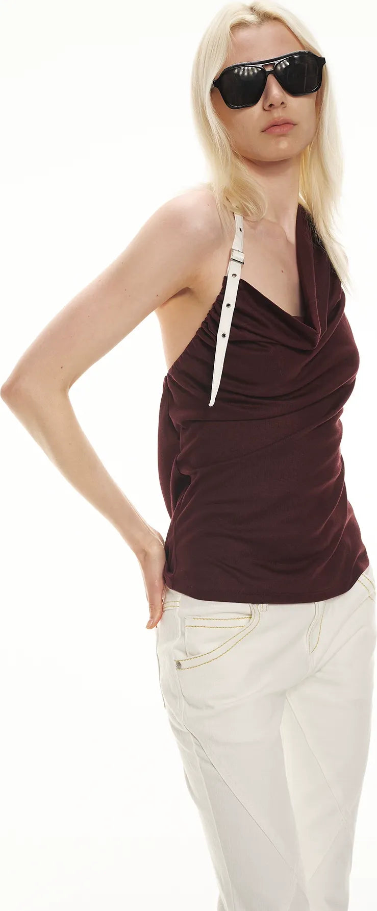 Tencel Satin Draped Halter Neck Tank Top