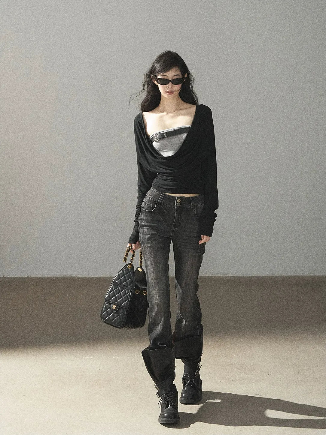 Draped Cowl Double-Layer Top