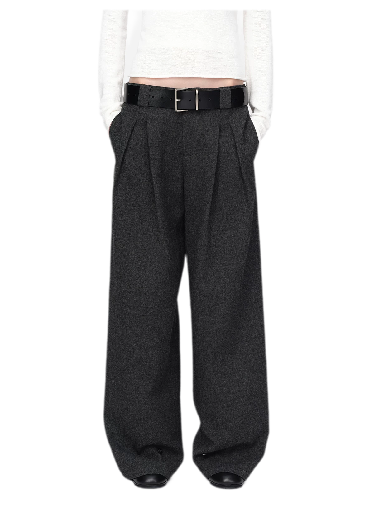 Pantalones de pierna ancha plisados con mezcla de lana
